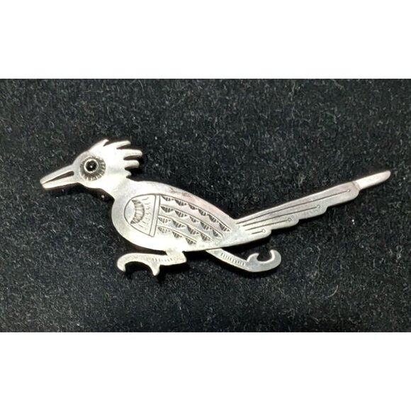Vintage JJ Native American Roadrunner Brooch Pin Sterling Silver Gemstone Eye - Picture 11 of 13